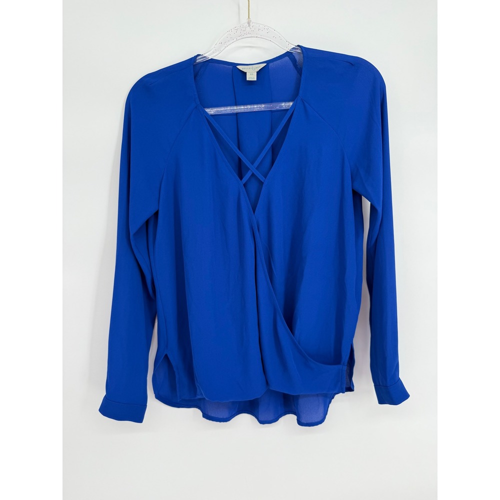 Belle Sky Royal Blue Surplice V-Neck Strappy Blouse Long Sleeve Sz XS